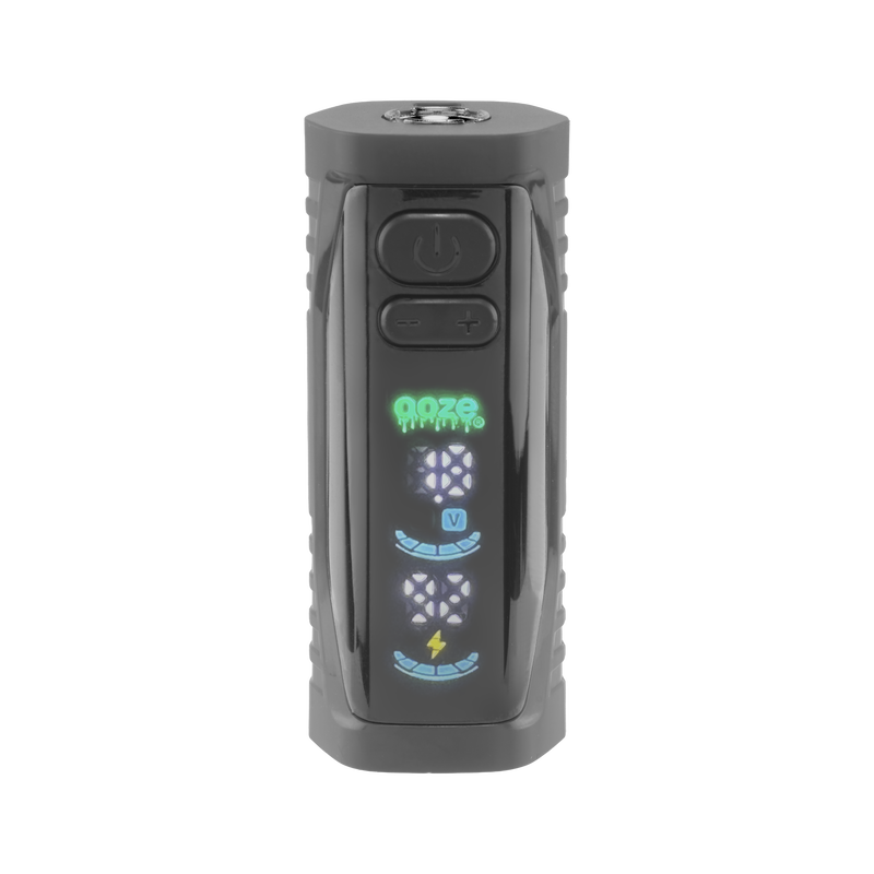 Front view of the black Ooze Runt Mini Battery with the screen turned on