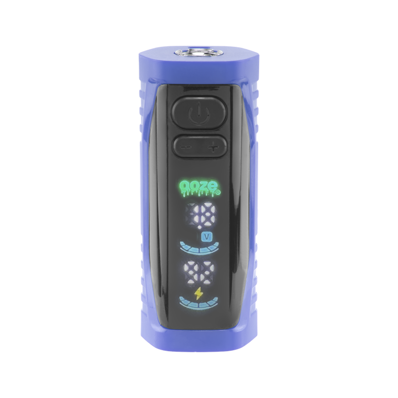 Front view of the blue Ooze Runt Mini Battery with the screen turned on