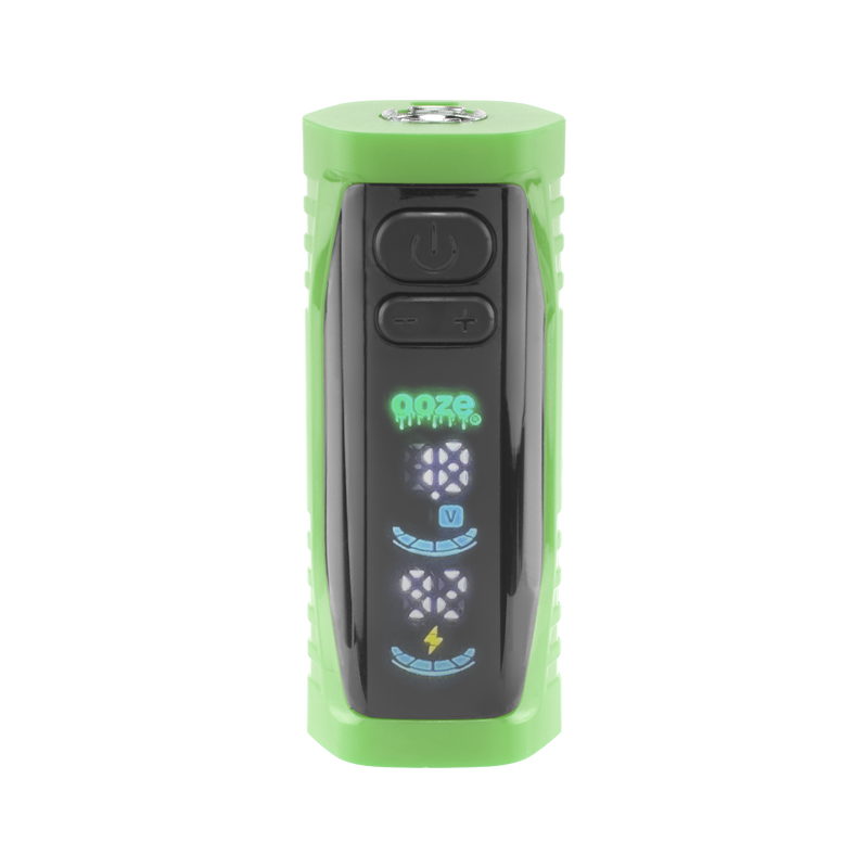 Front view of the green Ooze Runt Mini Battery with the screen turned on