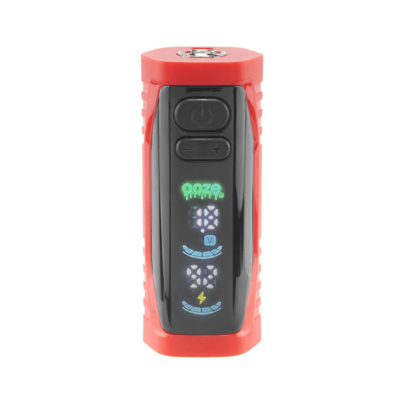 The red Ooze Runt Mini Battery is facing front with the screen turned on