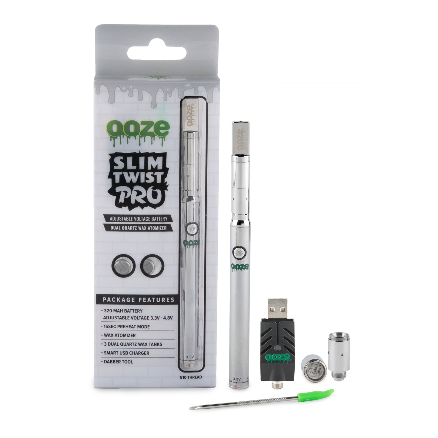 Ooze Slim Twist Pro 510 Thread Battery + Atomizer Kit - Chrome