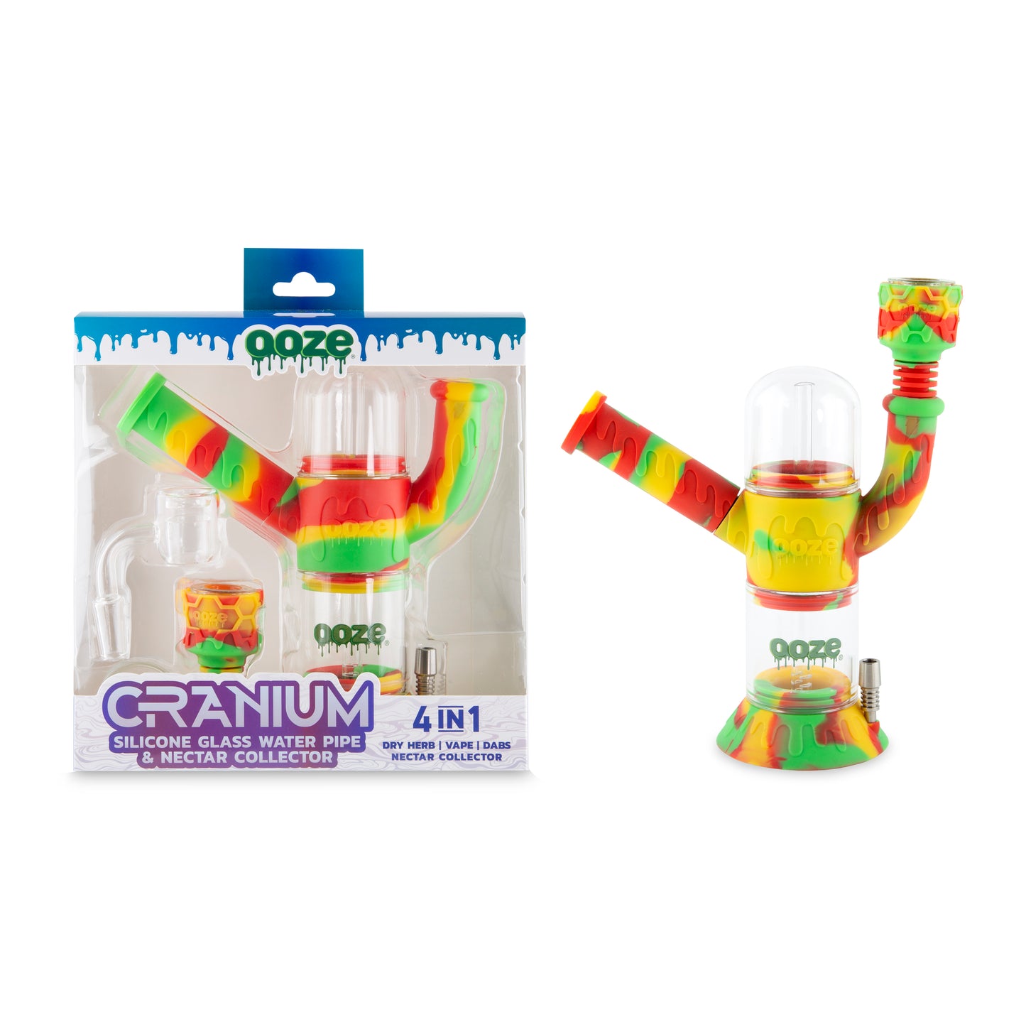 Ooze Cranium Silicone Water Pipe, Dab Rig & Dab Straw - Rasta