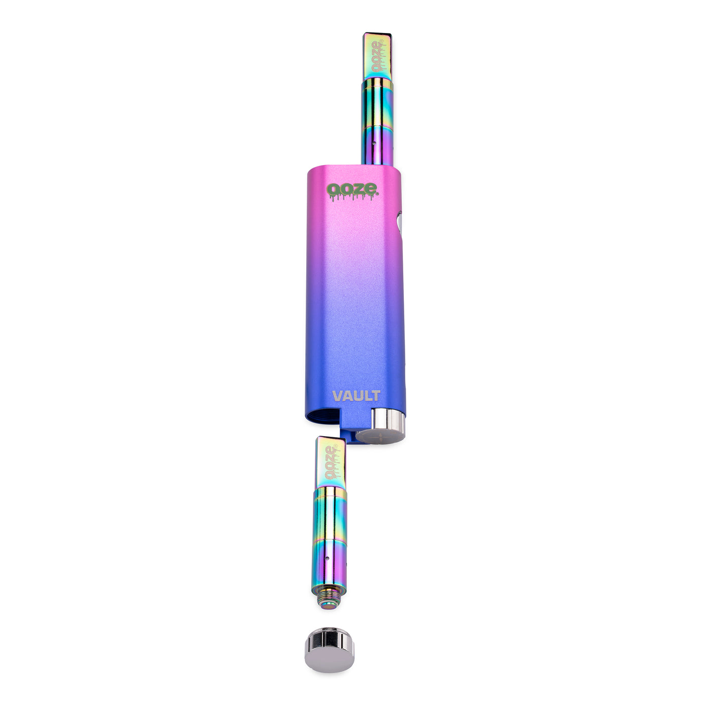 A rainbow Ooze Vault battery with atomizer attached and coming out of the bottom chamber