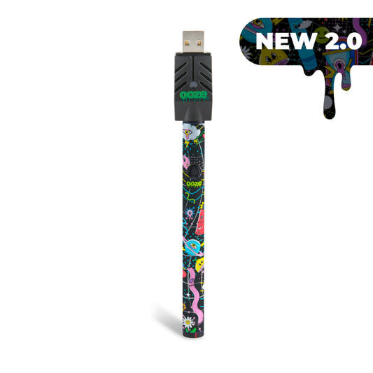 The Ooze Time Warp Twist Slim Pen 2.0 is shown standing upright with the smart USB charger attached