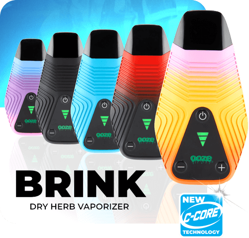 Ooze Brink Dry Herb Vaporizer featuring New C-Core Technology. The full product line of Ooze Brink Dry Herb Vapes aligned on a white reflective surface with a glowing electric blue background.