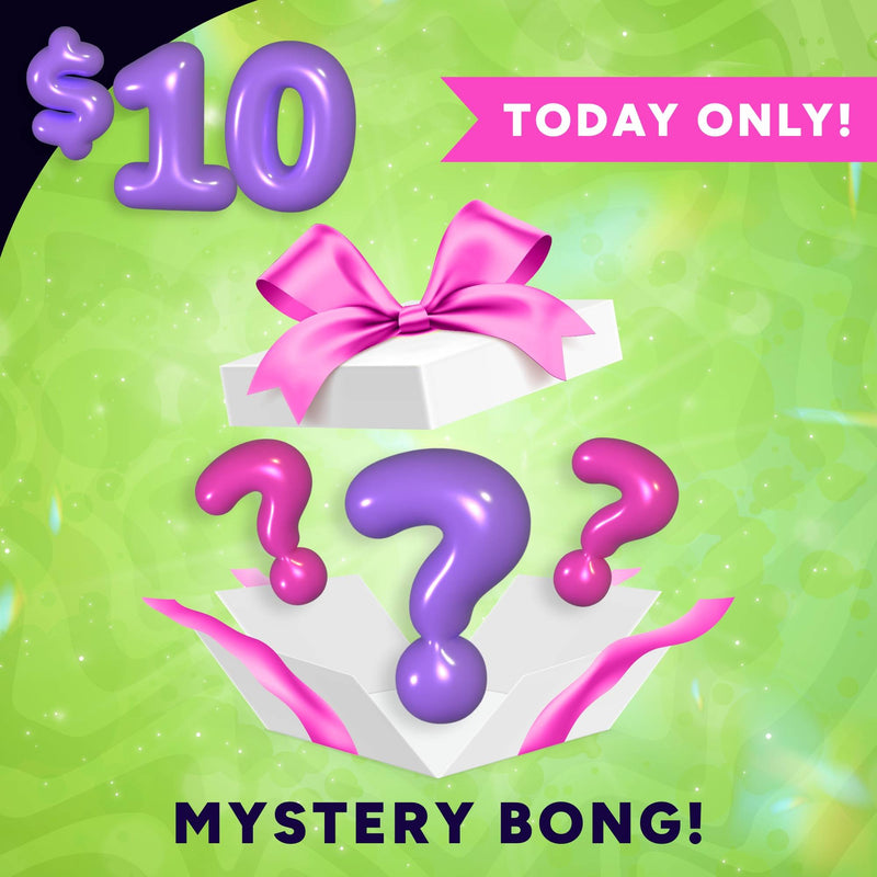 Promotional graphic for a mystery bong offer with question marks, a pink bow, and a price tag on a green background.