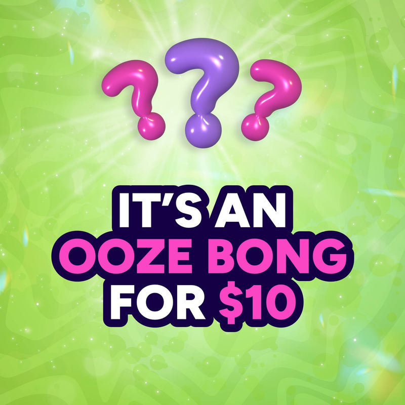 Promotional graphic for an 'Ooze Bong' with question marks and a green background