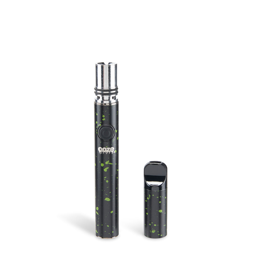 The Green Splatter Ooze Signal wax pen with the mouthpiece standing next to the base against a white background.