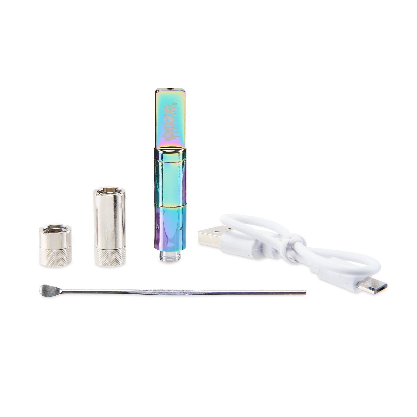 The Rainbow Ooze Duplex Pro Vaporizer's accessories are shown in a line. The 0.5g and 1ml adapters are next to the rainbox atomizer, next to the white type-c charger. The dab tool lies in the front.
