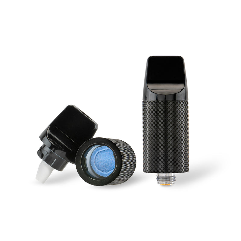 A black Beacon onyx atomizer is shown disassembled with the azul plate showing on the left, and standing upright on the right