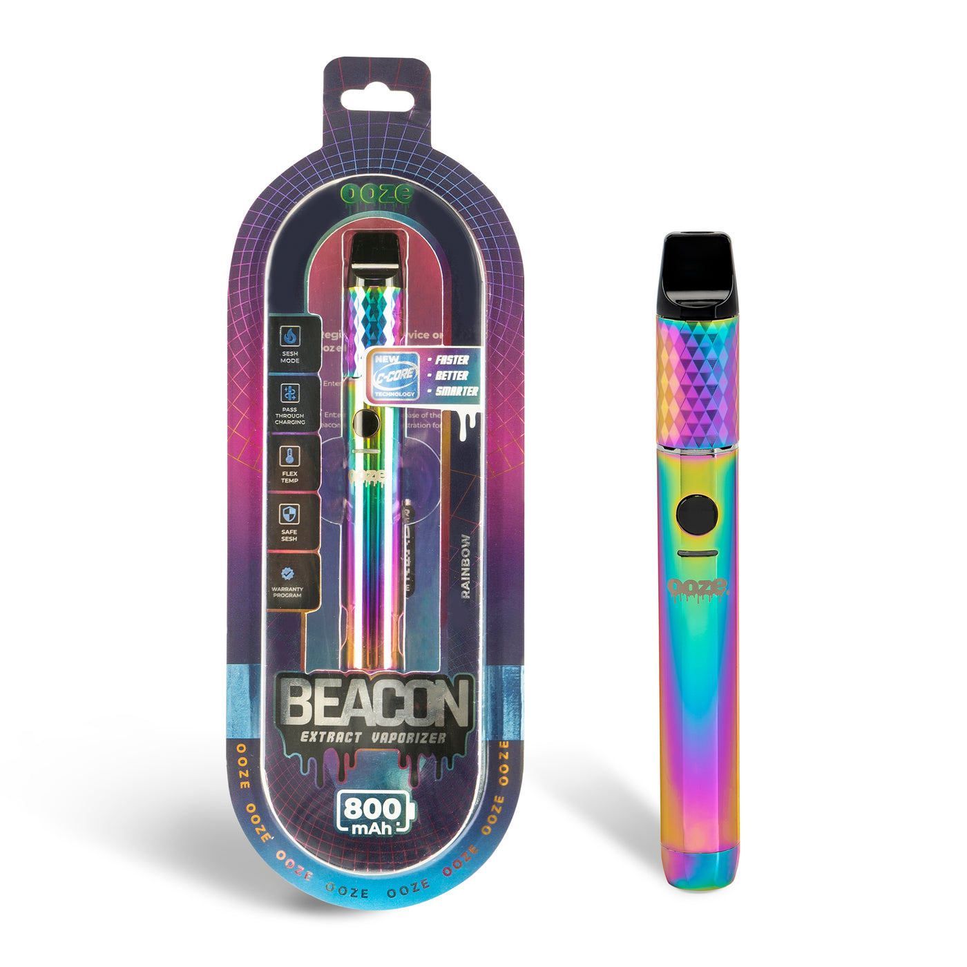 front view of product box and rainbow beacon dab pen outside of packaging