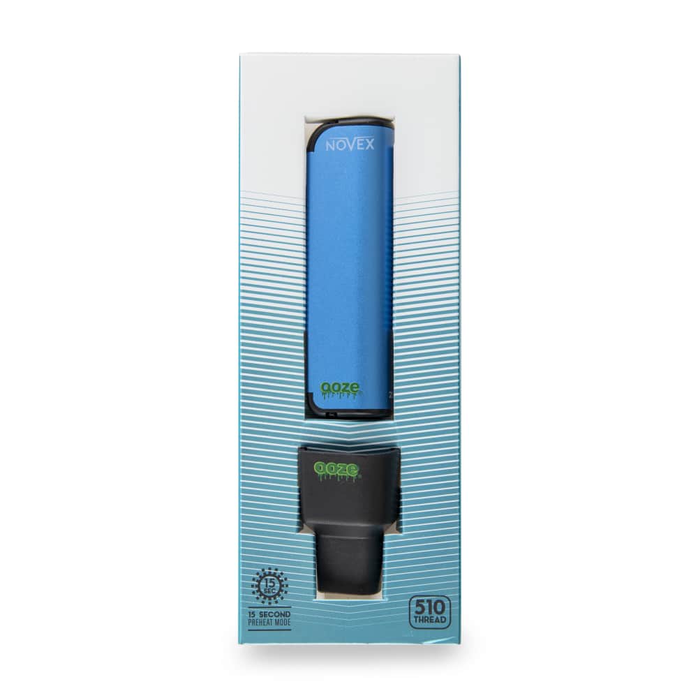 The ocean blue Ooze Novex and the magnetic charger are in the original packaging