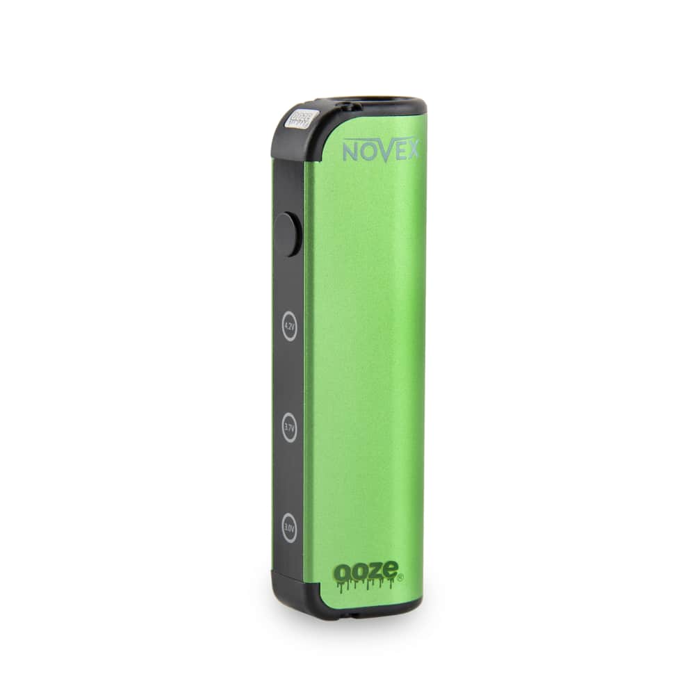 The slime green Ooze Novex stands upright at an angle to show the button
