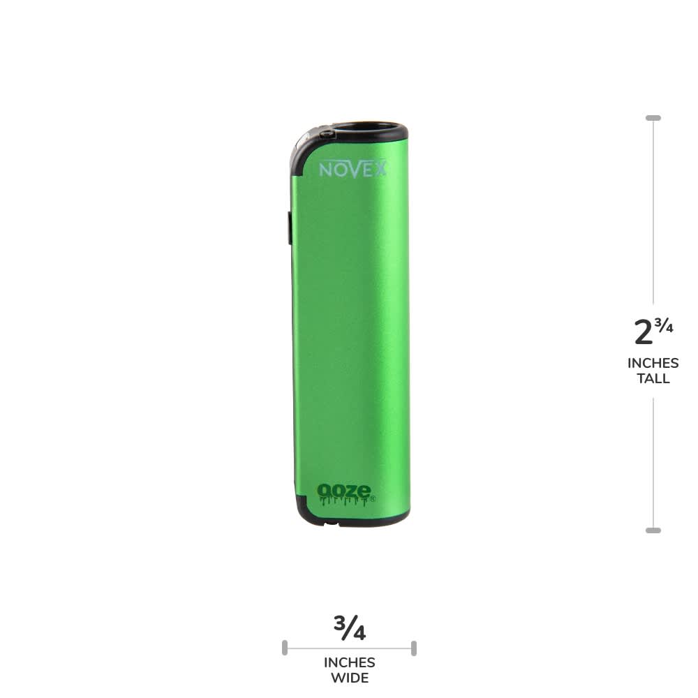 The slime green Ooze Novex is upright, and shows the dimensions: 2.75" tall by .75" wide