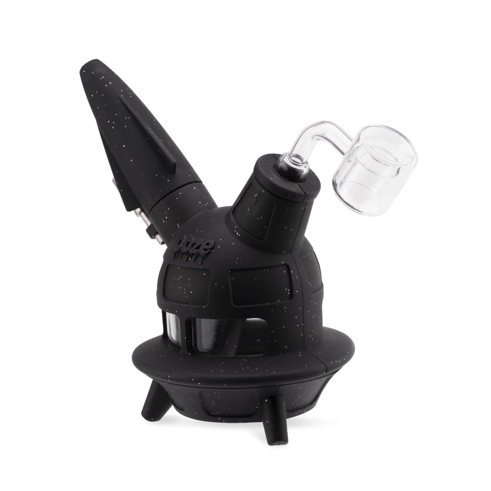 The shimmer black Ooze UFO is displayed on an angle as a dab rig