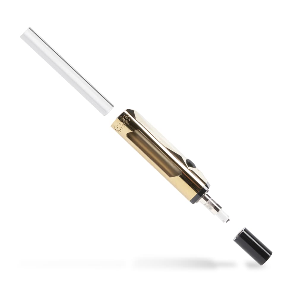 A render shows the deconstructed gold Ooze Pronto in 3 parts: glass mouthpiece, device, and cap