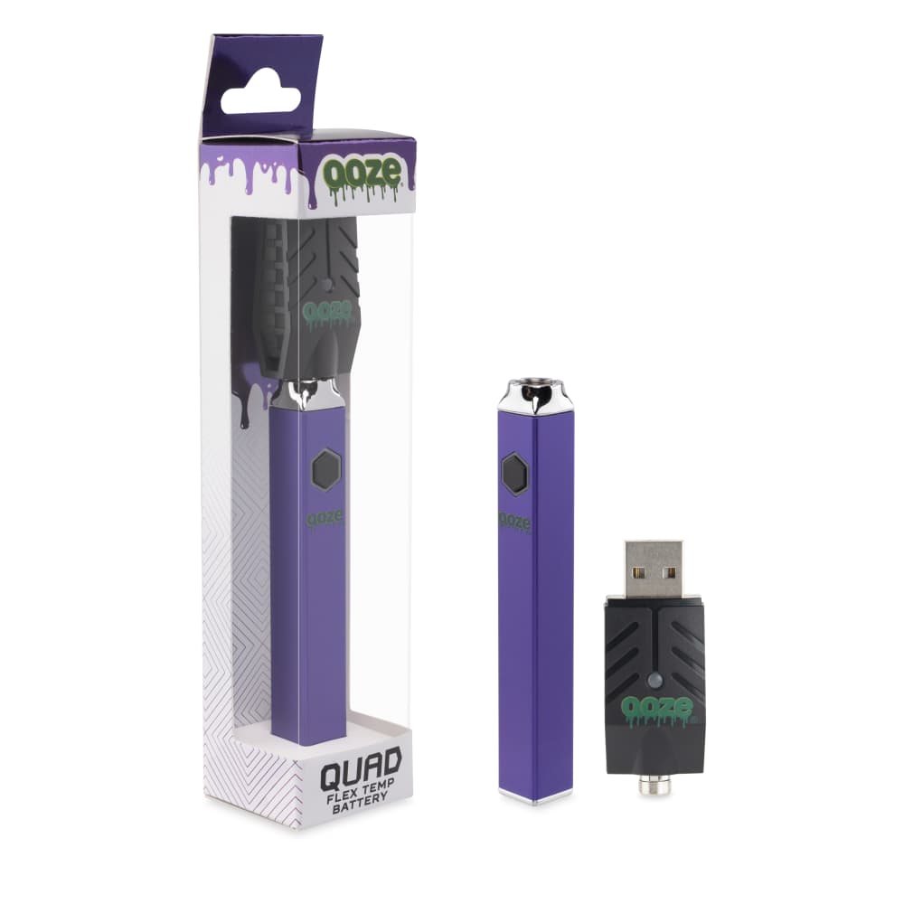 Box with Quad Purple Square Vape inside and outside with 510-USB charger