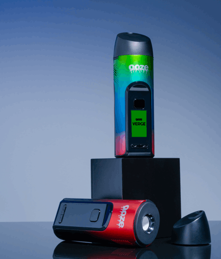 Red Verge cannabis vape and Rainbow Verge cannabis vape posed up