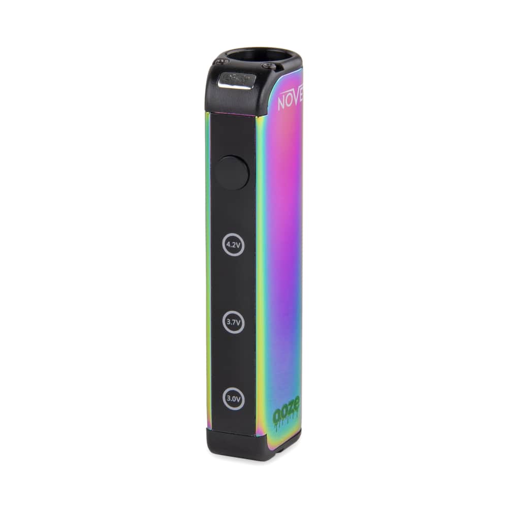 The rainbow Ooze Novex stands at an angle to show the button
