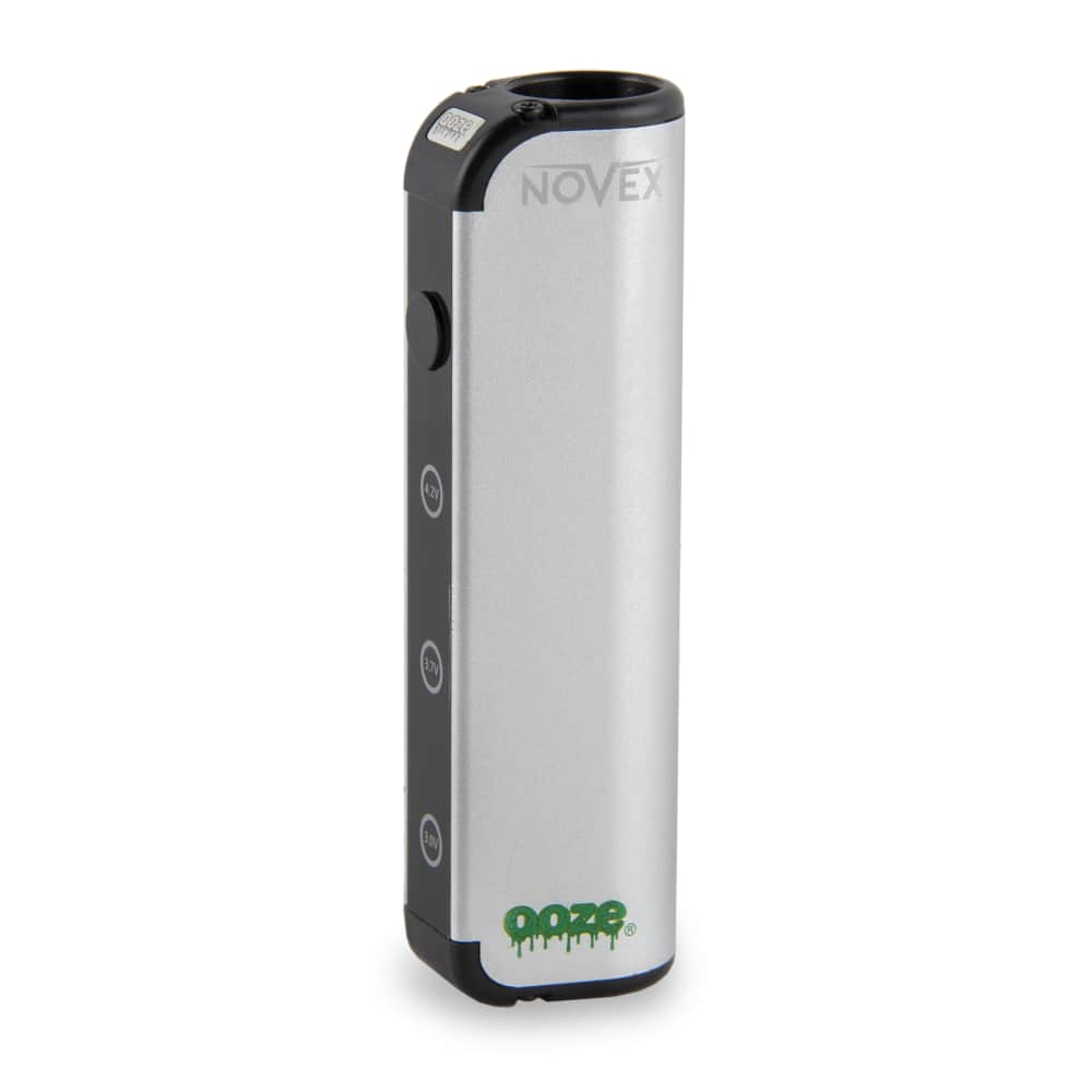 The stellar silver Ooze Novex stands at an angle to show the button