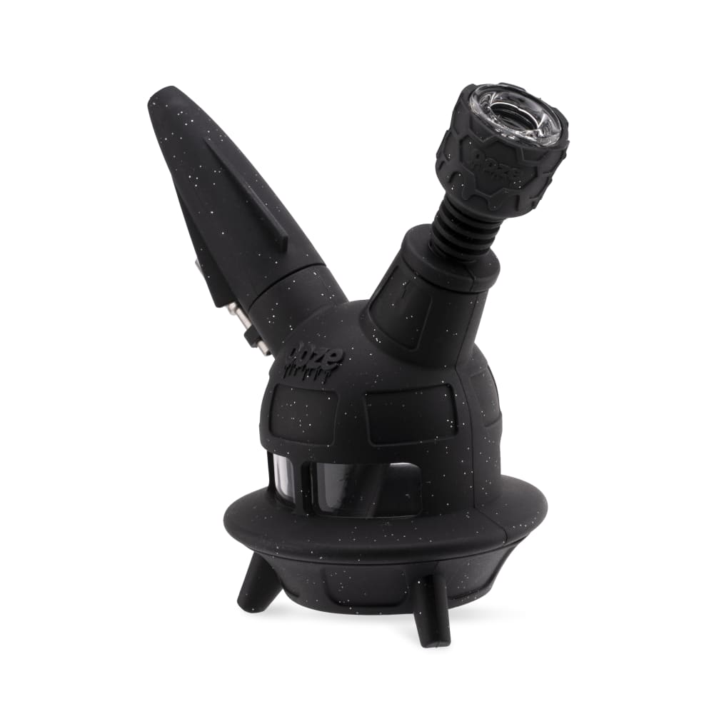 The shimmer black Ooze UFO is displayed on an angle as a bong