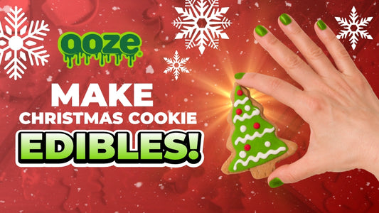 Graphic that reads Spruce up the Holidays with Christmas Cookie Edibles! It shows a silver metal pot, a bowl filled with ground green cannabis, and a plate with a large pat of butter and a fork.