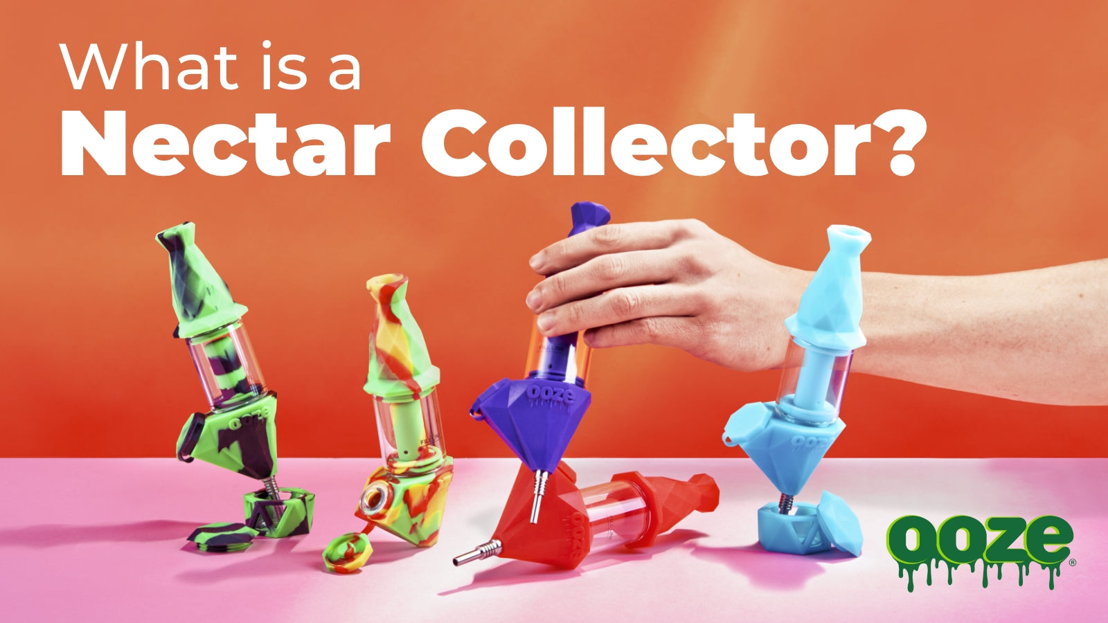 Graphic that reads "What is a nectar collector?". A white female hand is holding a red silicone straw and green and black silicone straw, both straws have a titanium nail inserted.