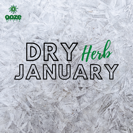 A Dry Herb January graphic with the Ooze logo in the top left corner. The background looks like frosted frozen glass.