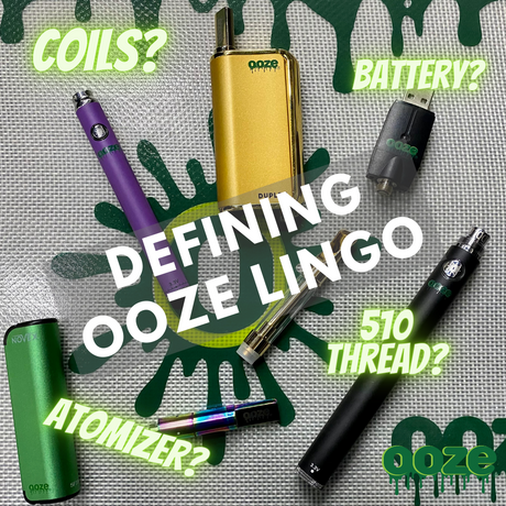 A graphic that shows a flat lay shot of a mix of Ooze products on an Ooze Dab Mat. There is a Novex, Slim Twist, Duplex, USB Charger, 1100 Battery, Atomizer, and Cartridge. Common terms are written over the graphic to be defined in the blog.