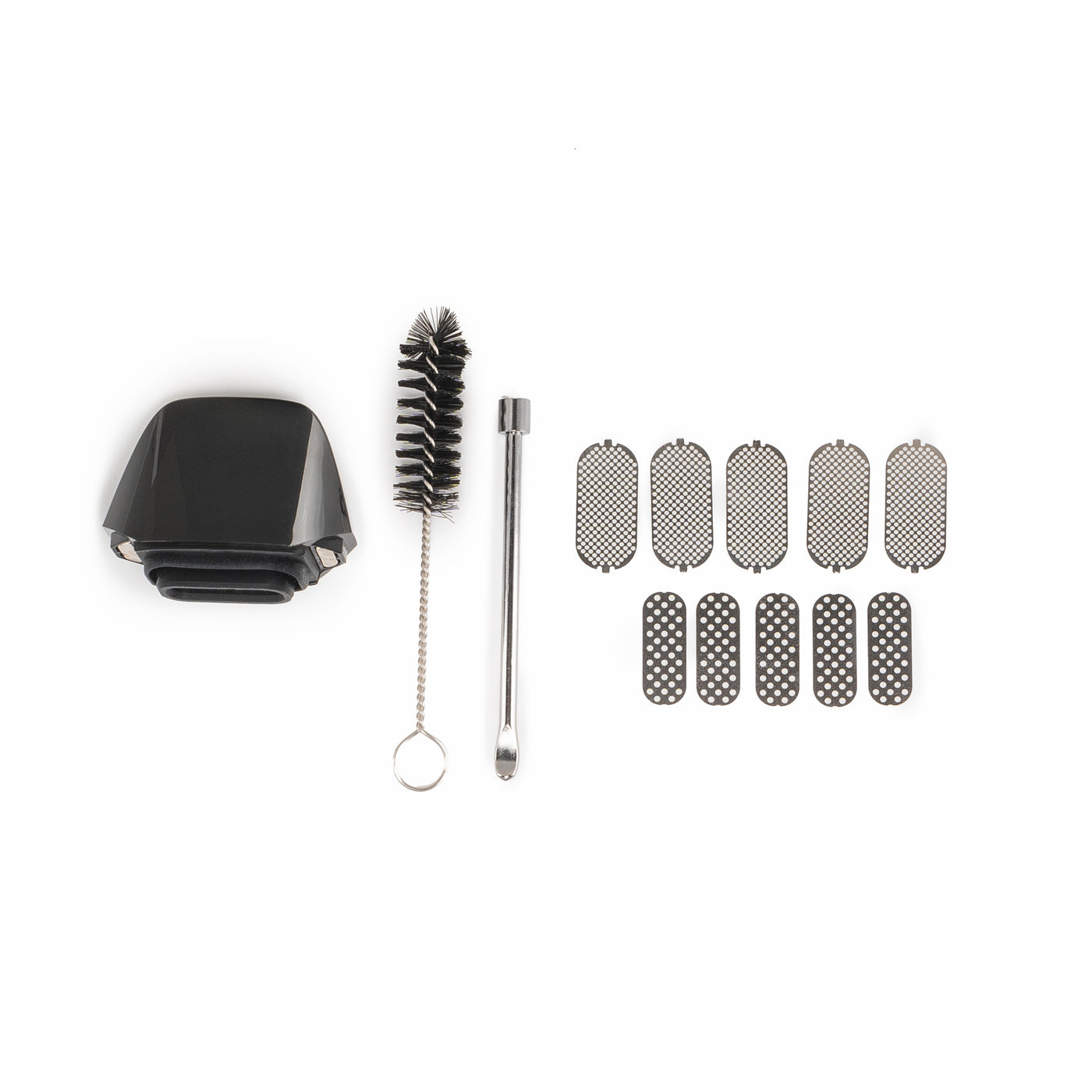 The Brink replacement kit includes a black mouthpiece, two sets of 5 screens, cleaning brush, and packing tool.