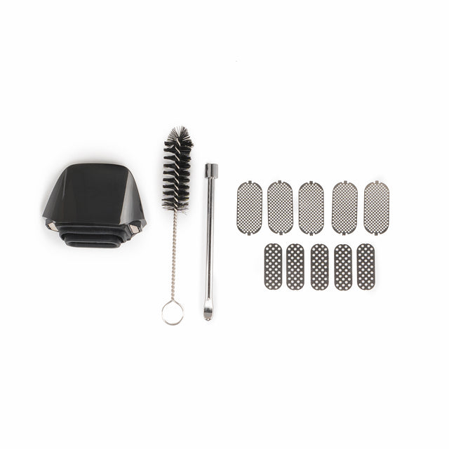 The Brink replacement kit includes a black mouthpiece, two sets of 5 screens, cleaning brush, and packing tool.