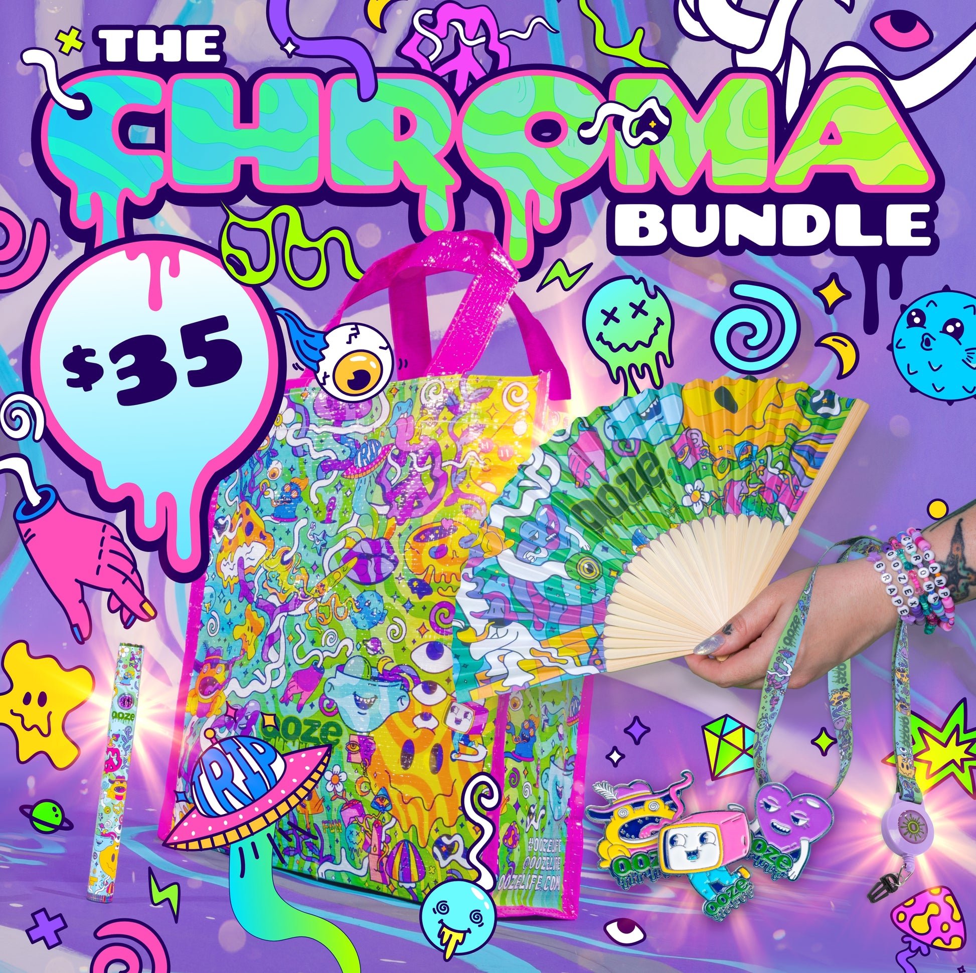 The Ooze Chroma Bundle graphic shows the reusable bag, Chroma Twist Slim Pen 2.0, paper fan, lanyard, and 3 enamel pins with a $35 price bubble