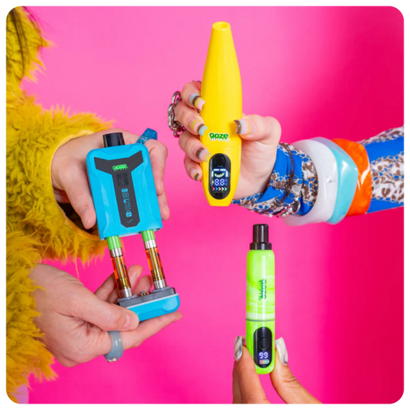 Arctic Blue Duet, Mellow Yellow Peel, and Green Swirl Hivo against pink background