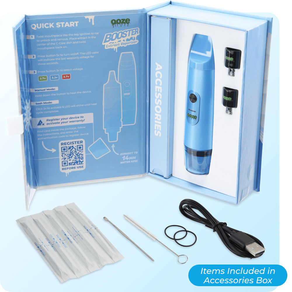 Inside view of Light Blue Booster extract vape product box with included accessories
