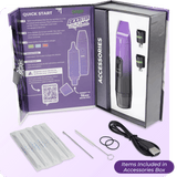 Inside view of Purple Booster extract vape product box with included accessories
