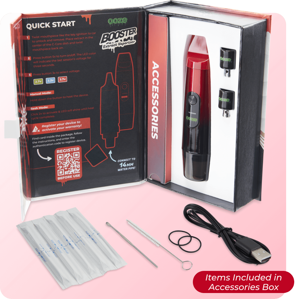 Inside view of Red Booster extract vape product box with included accessories
