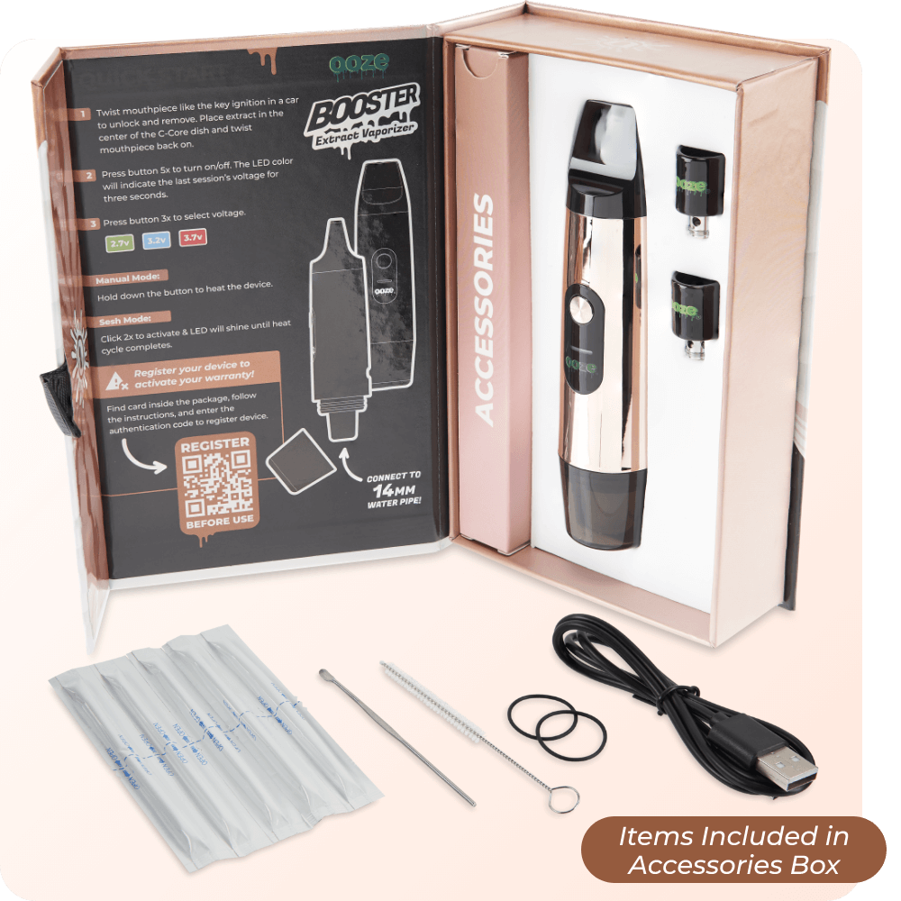 Inside view of Rose Gold Booster extract vape product box with included accessories
