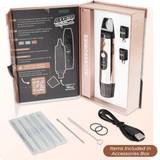 Inside view of Rose Gold Booster extract vape product box with included accessories
