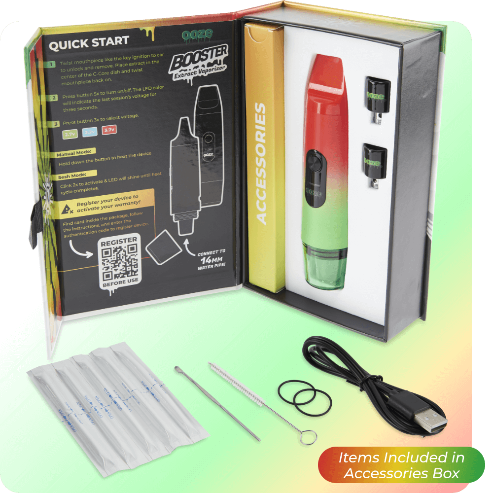Inside view of Rasta Booster extract vape product box with included accessories
