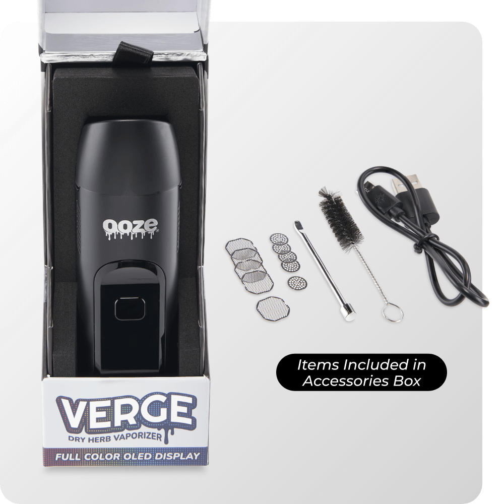 Product box of Black Verge cannabis vape with accessories that come with it
