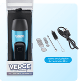 Product box of Blue Verge cannabis vape with accessories that come with it
