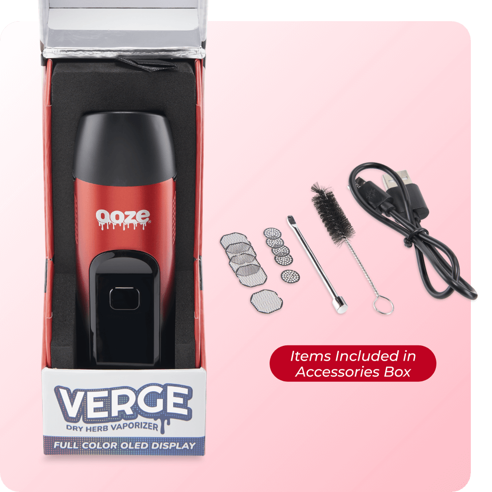 Product box of Red Verge cannabis vape with accessories that come with it
