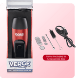 Product box of Red Verge cannabis vape with accessories that come with it

