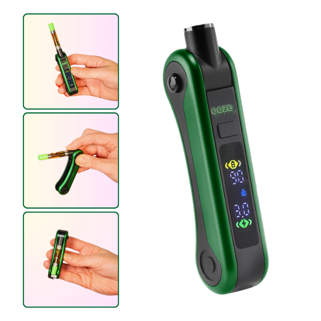 The green Ooze Hinge battery shown without a cartridge, and hands holding the device in three frames to show the cartridge positions