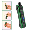 The green Ooze Hinge battery shown without a cartridge, and hands holding the device in three frames to show the cartridge positions