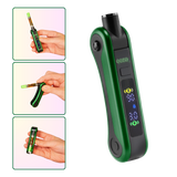 The green Ooze Hinge battery shown without a cartridge, and hands holding the device in three frames to show the cartridge positions