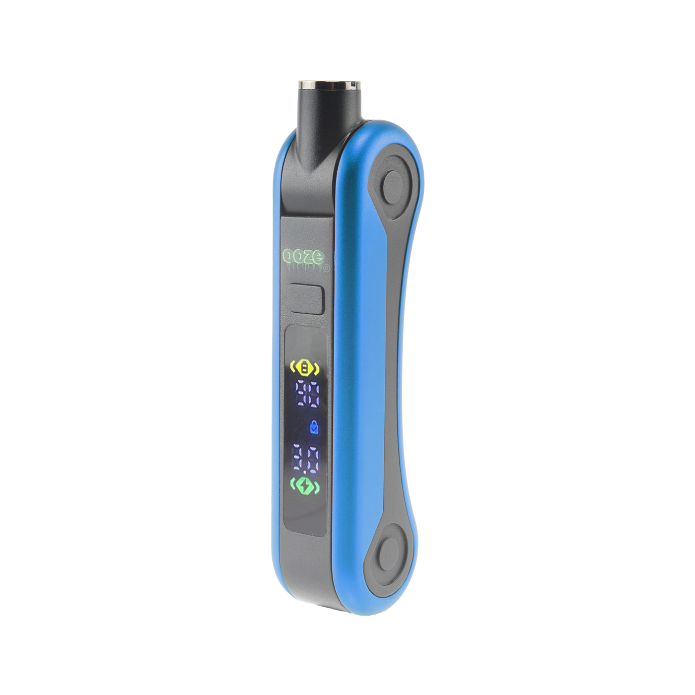 Angled view of the blue Ooze Hinge battery, turned on with 510 thread in position