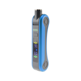 Angled view of the blue Ooze Hinge battery, turned on with 510 thread in position