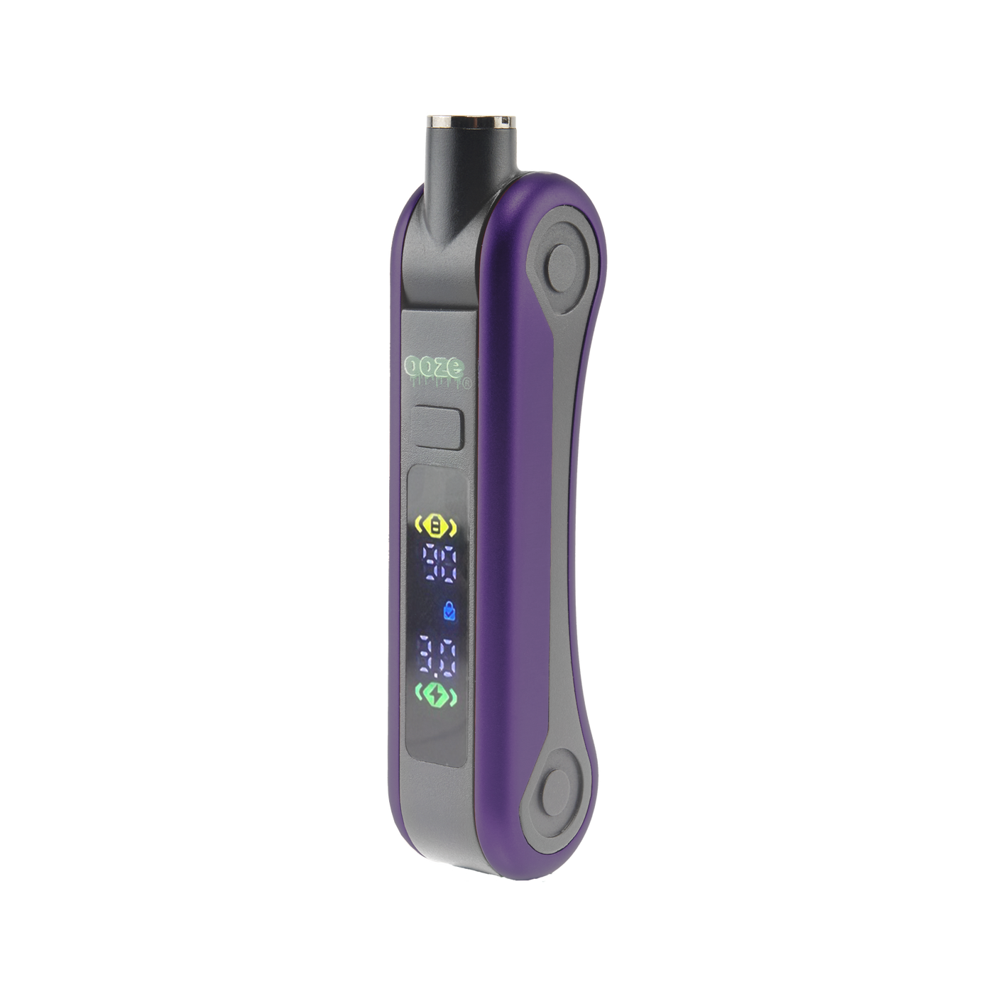 Angled view of the purple Ooze Hinge battery, turned on with 510 thread in position