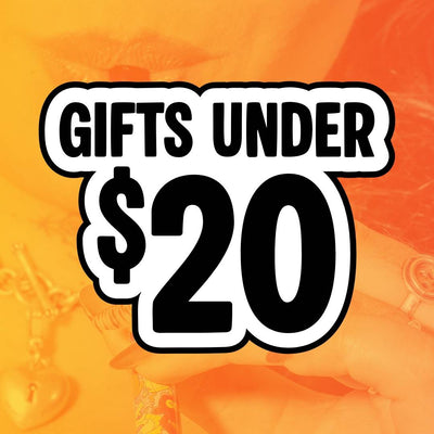 Promotional text 'Gifts Under $20' on a bright orange background with abstract patterns.
